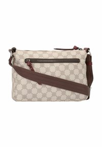 Beige Umhängetasche aus wasserabweisendem Material, mit einer Reißverschlusstasche, braunen Akzenten und einem Muster aus verschlungenen Formen.