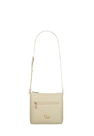 Borsa a tracolla beige con tracolla regolabile, tasca frontale con zip e motivo del logo discreto e ripetuto, cursore della zip color oro e emblema del marchio.