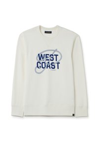Felpa bianca con stampa grafica blu che riporta la scritta "WEST COAST". Realizzata in tessuto morbido, con colletto a girocollo e spacchi laterali all'orlo.