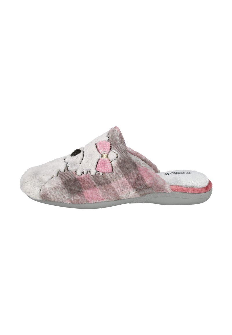 Zapatillas de cuadros gris y rosa con textura peluda, con un diseño de calavera y un lazo rosa. Estilo de punta abierta con suela de goma gris.