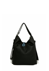 Zwarte hobo tas van gestructureerd materiaal, met een geplooid ontwerp, verstelbare banden en een contrasterend blauwe label bij de sluiting.