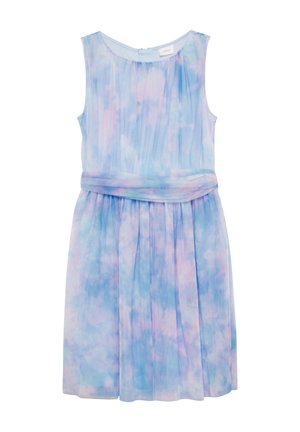 Sukienka bez rękawów w kolorze jasnoniebieskim i pastelowo różowym, z wzorem tie-dye. Posiada plisowany fason oraz miękki pas z tkaniny w talii.