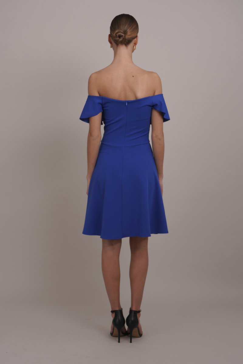 strapless open back dress Long Sleeve Metallic Jersey Evening Gown in Electric Blue