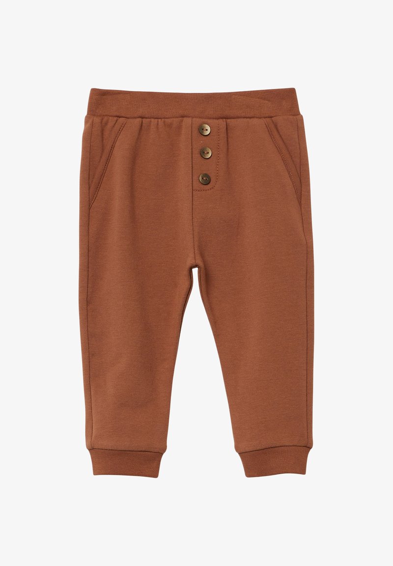 Brązowe bawełniane spodnie dresowe z elastycznym pasem, trzema guzikami z przodu oraz bocznymi kieszeniami. Rękawy u kostek zapewniają dopasowane wykończenie.