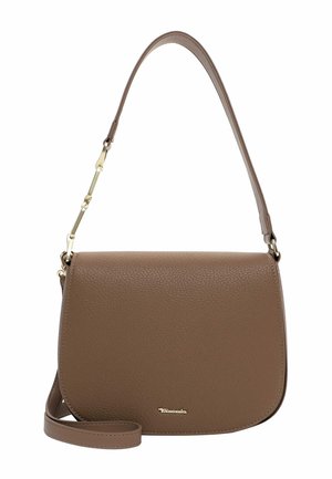 Brown leather shoulder bag with a textured finish, a long adjustable strap, and a gold-tone hardware accent. Simple, rounded shape.