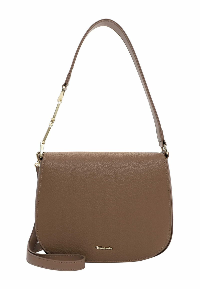 Borse a tracolla in pelle marrone con una finitura testurizzata, una lunga tracolla regolabile e un accento in metallo dorato. Forma semplice e arrotondata.