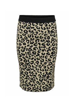Gonna a tubino con stampa leopardata e una vita nera. Realizzata in tessuto morbido, presenta un motivo leopardato nero su uno sfondo beige.