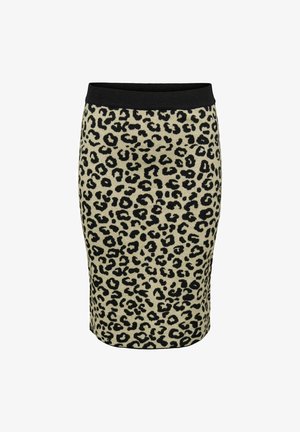 Pencil suknja s uzorkom leoparda i crnim pojasom. Izrađena od mekog materijala, s crnim uzorkom leoparda na bež pozadini.