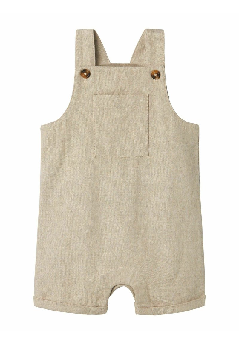 Overol de lino beige con tirantes, detalles de botones de madera y un bolsillo delantero. Presenta un dobladillo con puños y un diseño de corte relajado.