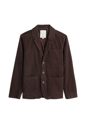 Dark brown corduroy men's blazer with three front buttons, notch lapels, and three patch pockets on white background.