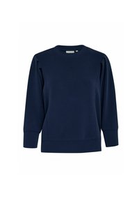Sudadera azul marino con mangas largas, tejido texturizado, puños acanalados y cuello redondo. Presenta un sutil detalle de puntada triangular.