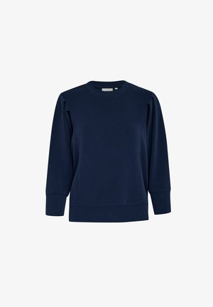 Mornarice plava dukserica dugih rukava, teksturirana tkanina, rebrasti manžeti i okrugli izrez. Sadrži suptilan detalj trokutastog šava.