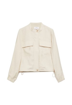 Beige lightweight jacket with round collar, two front flap pockets, button closure, elastic cuffs, and adjustable drawstrings at hem.