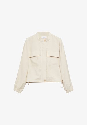 Beige leichte Jacke mit rundem Kragen, zwei vorderen Klappentaschen, Knopfverschluss, elastischen Bündchen und verstellbaren Kordeln am Saum.
