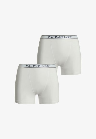 Miesten valkoiset bokserit, valmistettu sileästä kankaasta, joissa tummansininen vyötärönauha ja "POLO RALPH LAUREN" -brändäys. Kaksipakkaus.