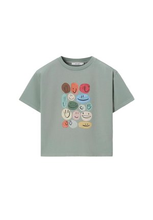 Hellgraues T-Shirt mit kurzen Ärmeln und bunten abstrakten ovalen Formen mit einfachen schwarzen Smileys auf der Vorderseite.