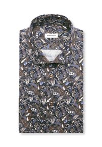 Chemise homme à manches longues avec motif cachemire en bleu, marron, noir et blanc, pliée soigneusement avec col et boutons visibles.