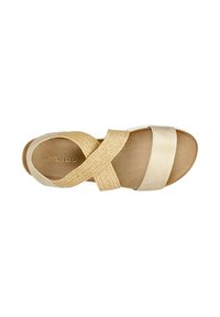 Sandalo beige con cinturini incrociati, con una texture intrecciata e dettagli in pelle liscia. Presenta una suola piatta e una soletta flessibile per il massimo comfort.