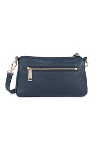 Borsa a tracolla in pelle blu navy con finitura texturizzata, zip dorata e tasca frontale. Tracolla regolabile per diverse opzioni di trasporto.