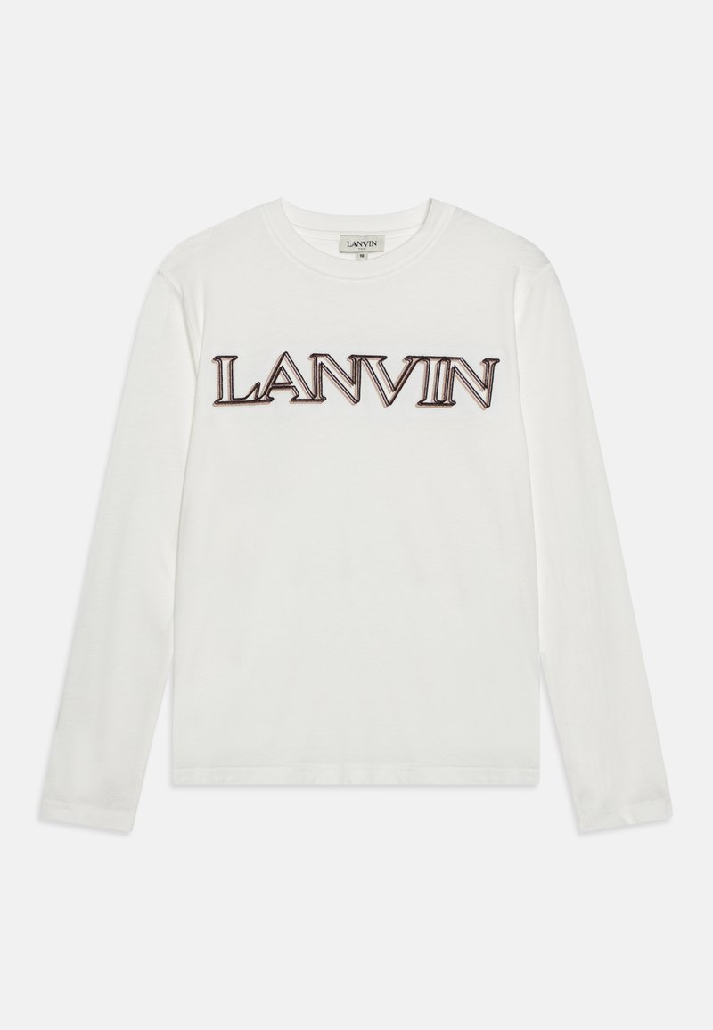 T-shirt blanc à manches longues et col rond avec le texte "LANVIN" en grande taille et entouré de marron, centré sur la poitrine.