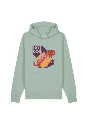 Hellgrüner Hoodie mit einer Grafik eines Dackels in einem Hotdog-Brötchen und dem Text "HOT DOG" in Blockbuchstaben.