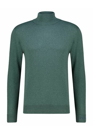 Jersey de cuello alto verde hecho de una tela suave y texturizada. Presenta mangas largas y puños y dobladillo acanalados. Diseño sencillo, sin patrones visibles.