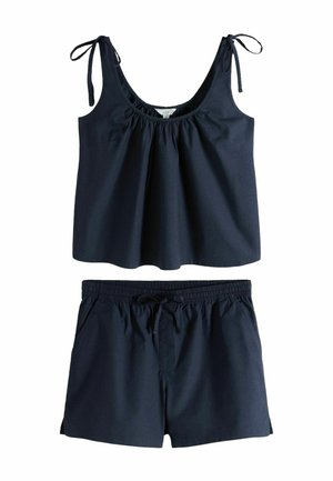 Marineblaues zweiteiliges Outfit mit ärmellosem Rundhalsausschnitt-Top mit Bindebändern und passenden Shorts mit elastischem Bund und vorderem Kordelzug.