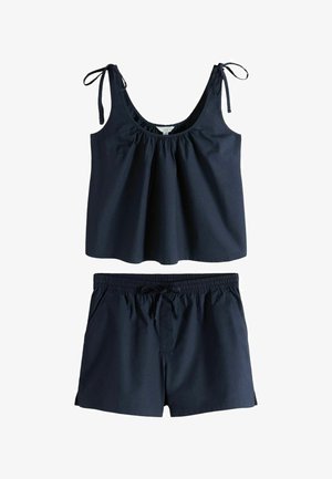 Navyblåt todelt sæt med ærmeløs top med rund halsudskæring og bindebånd på stropperne samt matchende elastiske shorts med snøre foran.