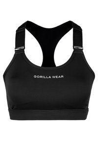 Zwarte sport-bh met een brede band en verstelbare bandjes. Heeft een reflecterend merklogo aan de voorkant. Gladde stof en racerback ontwerp.