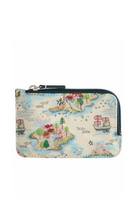 Peňaženka so zipsom vyrobená z krémovej tkaniny s farebným potlačou pobrežného ostrova, na ktorom sú domy, lode a palmy; čierny zips a akcenty stehu.