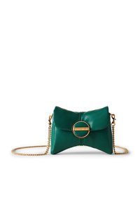 Green leather handbag with a bow-shaped design, gold circular hardware, and a chain strap. Smooth texture, minimalistic branding on the front.
