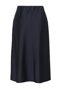 Jupe en satin bleu marine, mi-longue, avec une texture lisse et une couture centrale subtile.