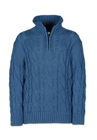 Blå kabelstickad tröja med hög, ribbad krage och halvdragkedja. Utrustad med strukturerade mönster samt ribbade ärmslut och fåll.