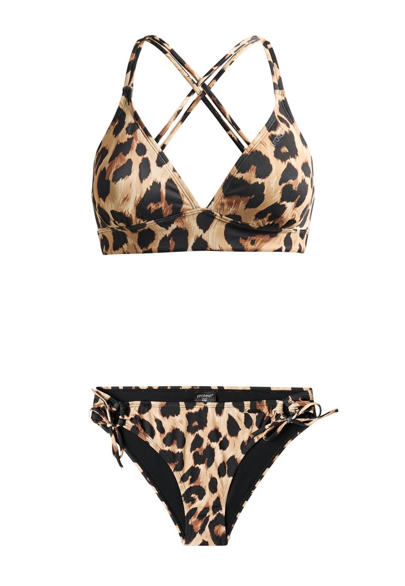 Bikini w wzór w panterę, składający się z trójkątnego topu z krzyżującymi się ramiączkami oraz regulowanych majtek z wiązaniem po bokach, łączący odcienie beżu, czerni i brązu.