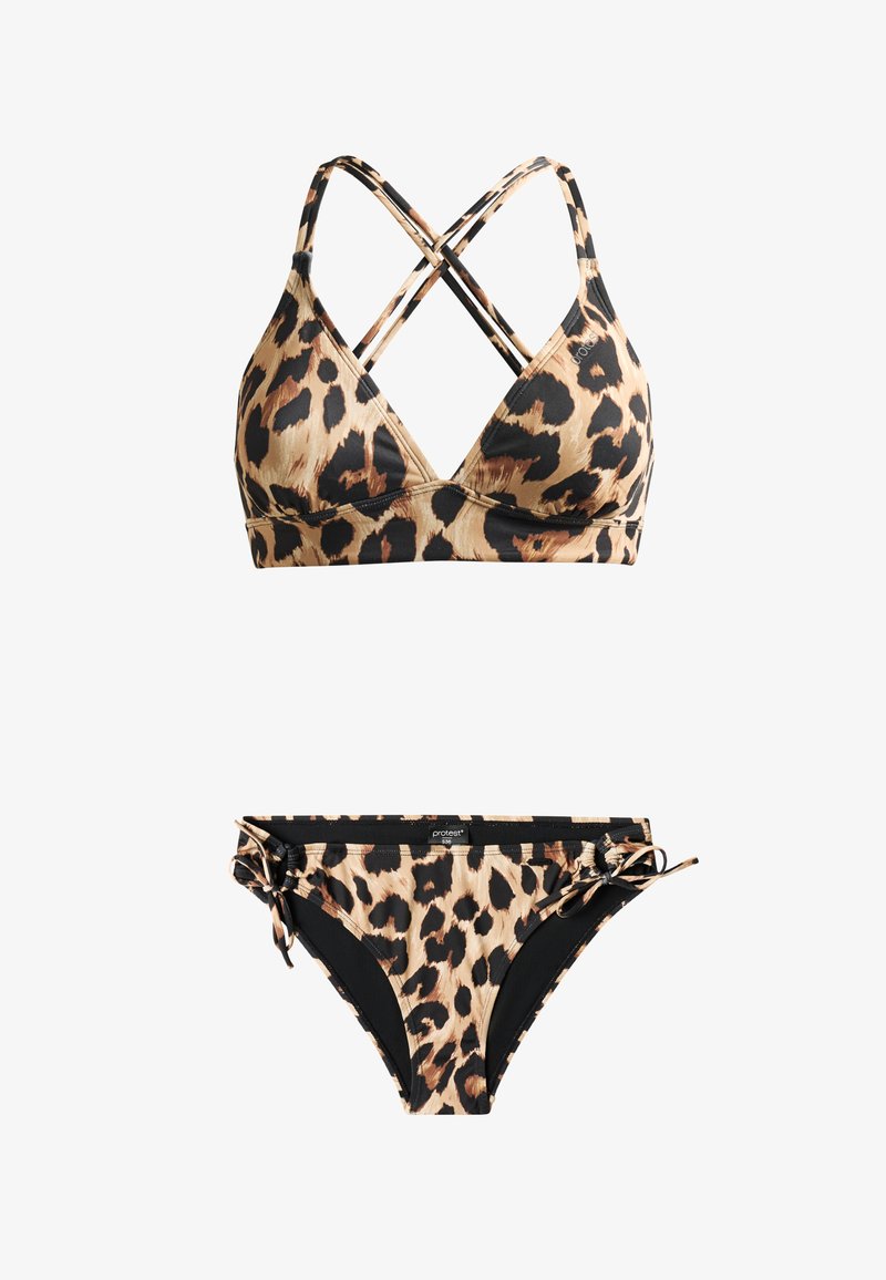 Ensemble de bikini imprimé léopard avec un haut triangulaire à bretelles croisées et un bas à lacets ajustables sur les côtés, combinant des tons beiges, noirs et bruns.