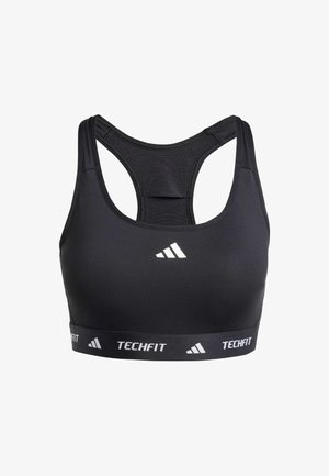 Black sports bra with a racerback design, made of smooth, stretchy fabric. Features white "TECHFIT" branding and logo on the band.