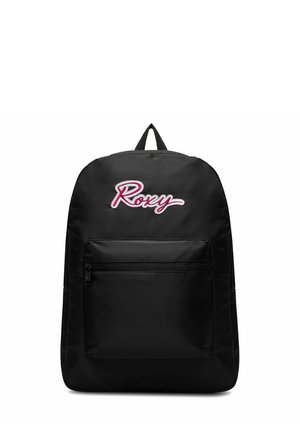 Mochila negra con bolsillo delantero con cremallera y asa superior, con el logo "Roxy" bordado en rosa y blanco en la parte frontal superior.