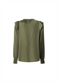 Blusa a maniche lunghe verde oliva con dettagli plissettati sulle spalle, collo arricciato e polsini elasticizzati. Tessuto morbido e leggero.