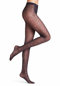 Durchsichtige schwarze Strumpfhosen mit einem strukturierten Muster aus vertikalen Streifen. Sie verfügen über einen soliden Bund und eine glatte Oberfläche, die die Beinrundungen betont.