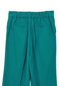 Pantaloni in tessuto verde acqua con vita elastica, dotati di due tasche posteriori e una finitura liscia, leggermente texturizzata.