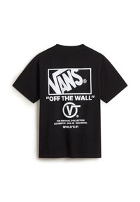 Černé bavlněné tričko s velkým bílým logem "VANS" a textem, včetně "OFF THE WALL" a "SVĚTOVÝ ČÍSLO 1," na zadní straně. Krátké rukávy.
