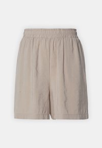 Beige, high-waisted shorts with an elastic waistband, featuring a textured fabric and pleats for added detail. Tailored cut with smooth hems.