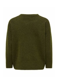 Pull en maille vert foncé à manches longues avec poignets, ourlet et encolure côtelés, vu de dos sur fond blanc.