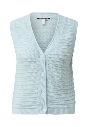 Hellblau gestrickte ärmellose Weste mit strukturierten horizontalen Streifen und vier weißen Knöpfen auf der Vorderseite.