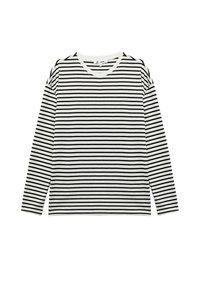 Gestreiftes Langarmshirt in Schwarz und Weiß mit einem einfachen Rundhalsausschnitt und einer lockeren Passform, aus weichem Baumwollstoff gefertigt.
