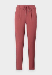 Rose-colored trousers with a drawstring waist, featuring pleats and a tapered leg design. Made from a smooth, stretchy fabric.