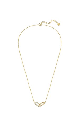 Delicata collana con catena d'oro con chiusura regolabile e due pendenti collegati, uno incastonato con piccole pietre bianche.