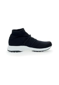 Black knitted athletic shoe with a high collar, white sole, textured upper, and contrasting black laces over the midsection.