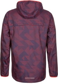 Veste légère avec capuche, présentant un tissu violet foncé avec des rayures horizontales rouges et un motif géométrique au dos.