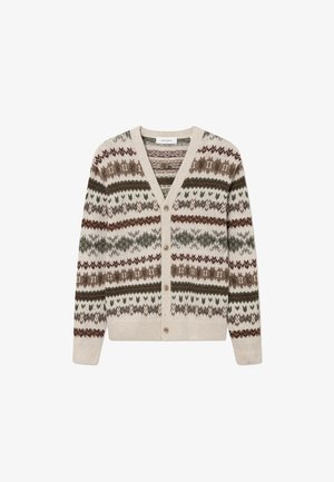 Bež kardigan s V-izrezom, ki vsebuje Fair Isle vzorec v rjavi, zeleni in smetanovi barvi. Pet gumbov spredaj; rebrasti manšeti in rob.